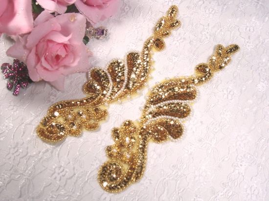 0016 Gold Pearl Mirror Pair Sequin Beaded Appliques 8.5"