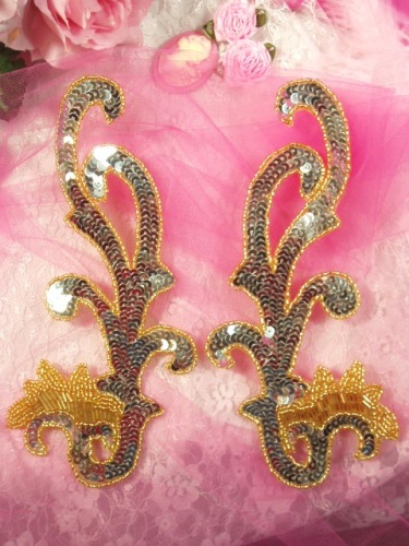 0020  Silver and Gold Mirror Pair Sequin Beaded Appliques 8"-silver,sequin,beaded,applique,gold,mirror,pair