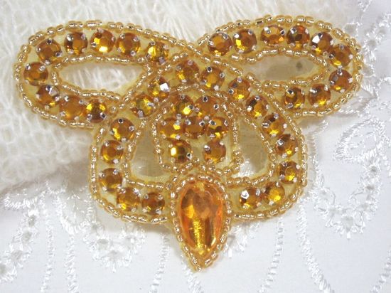 0025  Gold Crown Jewel Rhinestone Beaded  Applique 3"