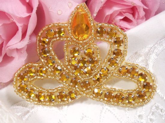 0025  Gold Crown Jewel Rhinestone Beaded  Applique 3"