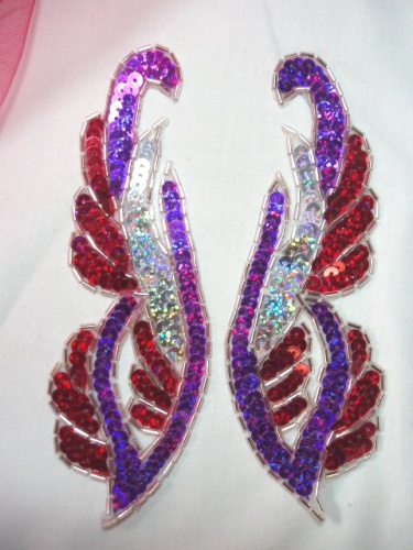 0033 Purple Red Mirror Pair Sequin Beaded Appliques 6.25"