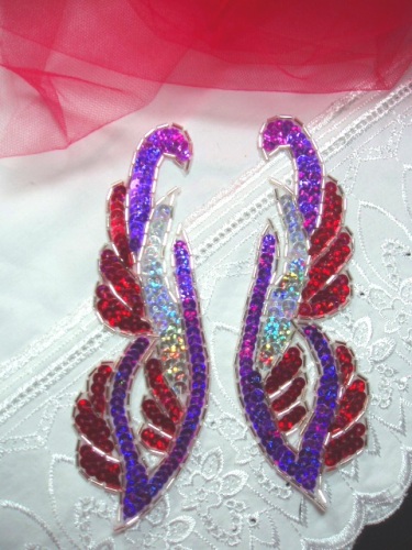 0033 Purple Red Mirror Pair Sequin Beaded Appliques 6.25"