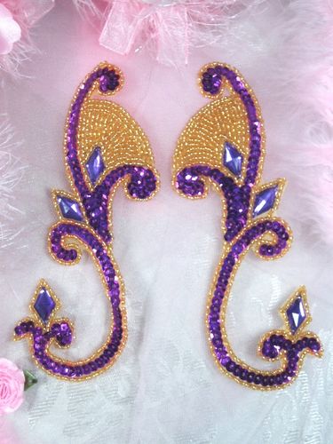 0034 Purple & Gold Jeweled Mirror Pair Sequin Beaded Appliques 6"