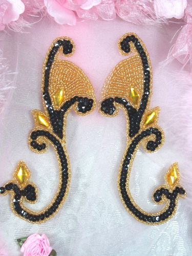 0034 Black & Gold Jeweled Mirror Pair Sequin Beaded Appliques 6"