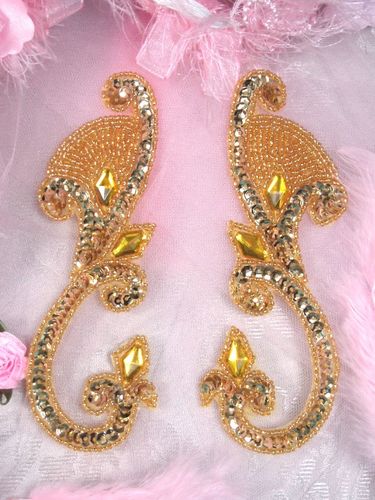 0034 Gold Jeweled Mirror Pair Sequin Beaded Appliques 6"
