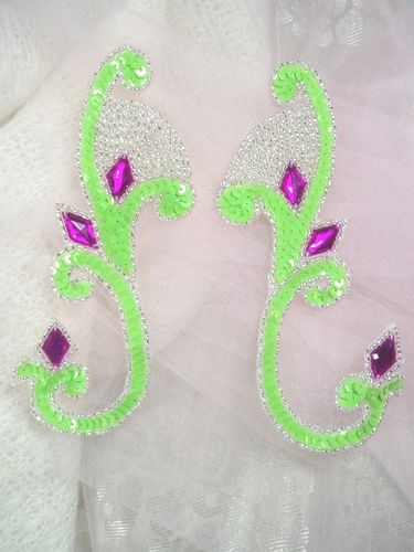 0034 Lime Green Jeweled Mirror Pair Sequin Beaded Appliques 6"-lime,green,sequin,beaded,applique,beads,patch,embellishment,trimmings,