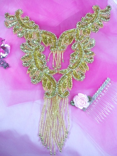 0037 Gold Bodice Yoke Sequin Beaded Applique 10"-sequin,beaded,applique,gold,bodice