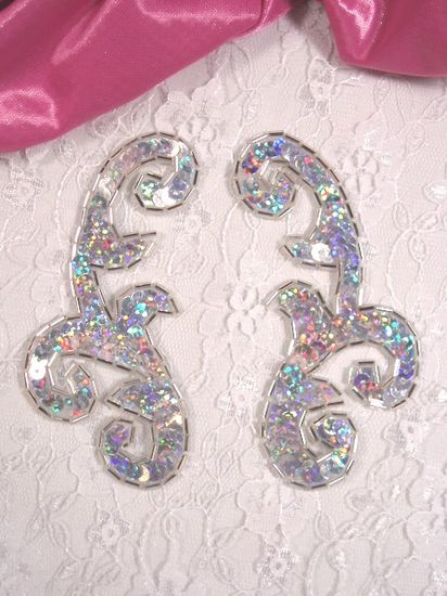 0050 Silver Holographic Mirror Pair Sequin Beaded Appliques 4"