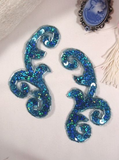 0050 Turquoise Holographic Mirror Pair Sequin Beaded Appliques 4"