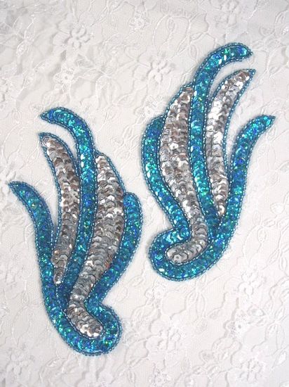 0072 Turquoise & Silver Mirror Pair Sequin Beaded Appliques 5.5"