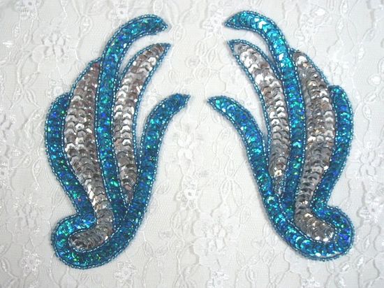 0072 Turquoise & Silver Mirror Pair Sequin Beaded Appliques 5.5"