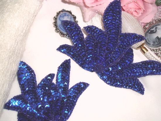 0079 Blue Sea Weed Mirror Pair Sequin Beaded Applique 6"