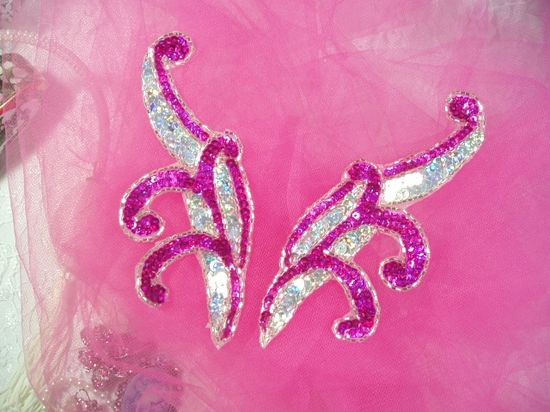 0097  Fuchsia & Silver Mirror Pair Sequin Beaded Appliques 5.5"