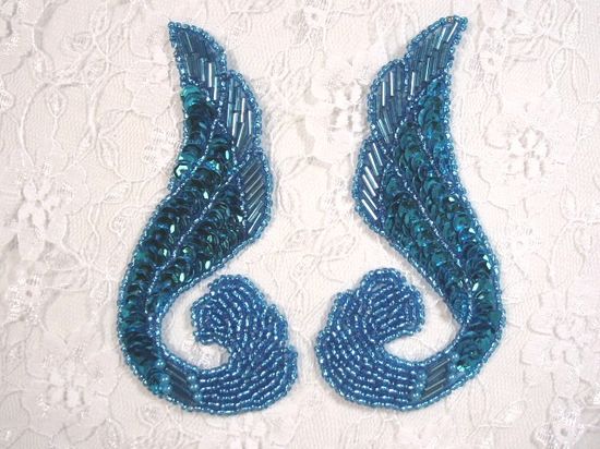 0123  Turquoise Mirror Pair Sequin Beaded Appliques 4.25"