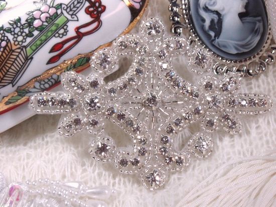 0153 Silver Genuine Rhinestone Beaded  Applique 4"
