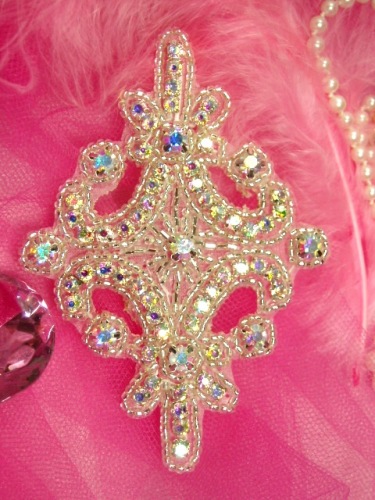 0153  Rhinestone Aurora Borealis Crystal AB Silver Beaded  Applique 4"