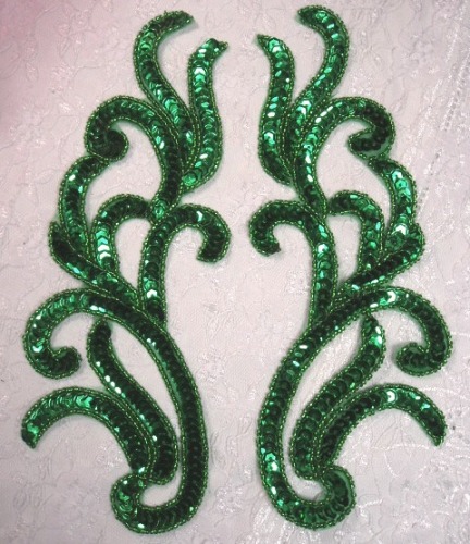 0170 Kelly Green Mirror Pair Sequin Beaded Appliques 9"