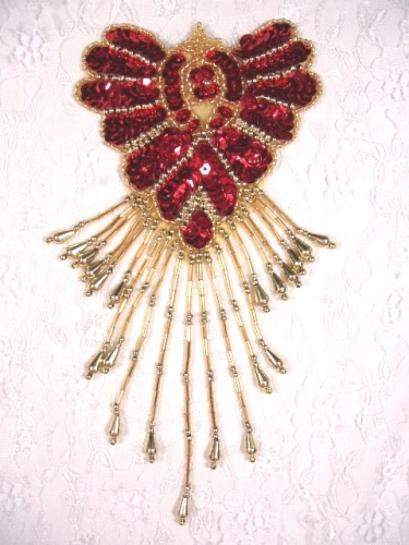 0178  Red Gold Epaulet Sequin Beaded Applique 8"-sequin,beaded,applique,trimmings,embellishment,epaulet,red