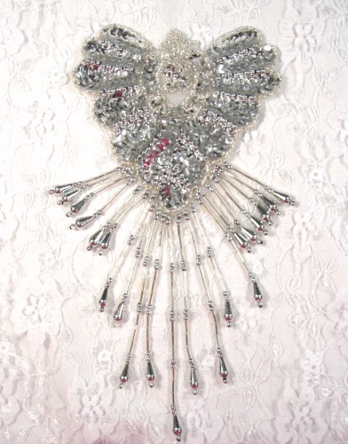 0178  Silver Epaulet Sequin Beaded Applique 8"-sequin,beaded,applique,trimmings,embellishment,epaulet,silver