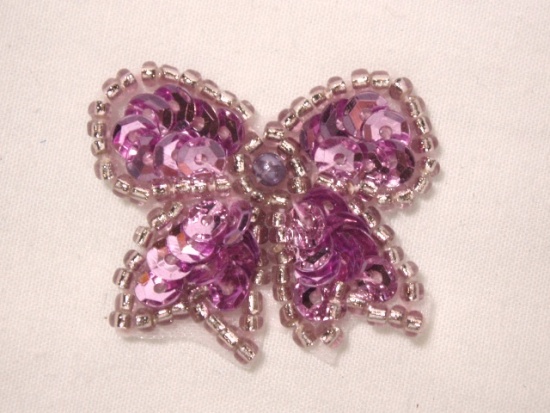 0185  Mauve Bow Sequin Beaded Applique 1.25"-embellishment,sewing,clothing,sequin,beaded,bead,sequins,applique,mauve,bow,motif