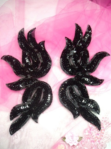 0202  Black Mirror Pair Sequin Beaded Appliques 9"