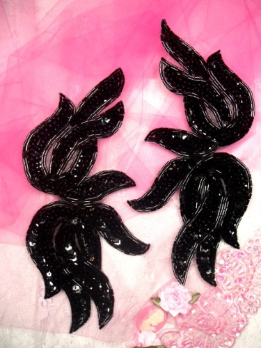 0202  Black Mirror Pair Sequin Beaded Appliques 9"