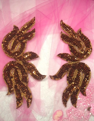 0202  Bronze Mirror Pair Sequin Beaded Appliques 9"