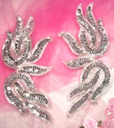 0202  Silver Mirror Pair Sequin Beaded Appliques 9"