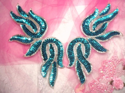0202  Turquoise & Silver Mirror Pair Sequin Beaded Appliques 9"