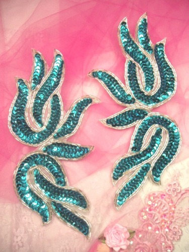 0202  Turquoise & Silver Mirror Pair Sequin Beaded Appliques 9"