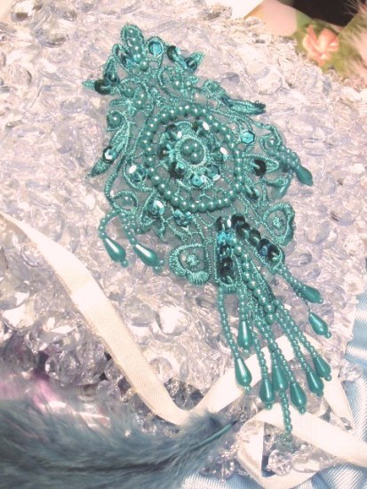 0204  Turquoise Venise Lace Sequin Beaded Applique 7.5"