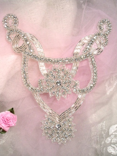 0223  Rhinestone Collar  Bodice Beaded  Applique 7"-applique,bodice,collar,clear,jewel,rhinestone,beaded,applique,embellishment,motif,yoke