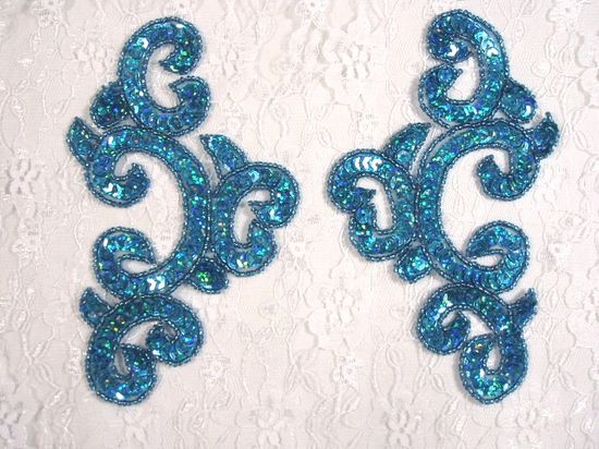 0242 Turquoise Mirror Pair Sequin Beaded Appliques 6"