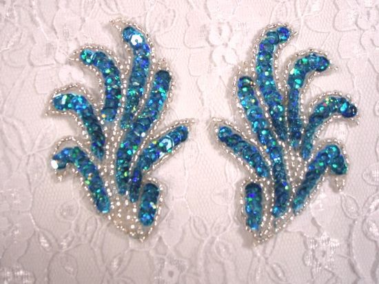 0244 Turquoise Mirror Pair Sequin Beaded Appliques 3"