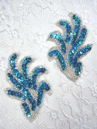 0244 Turquoise Mirror Pair Sequin Beaded Appliques 3"