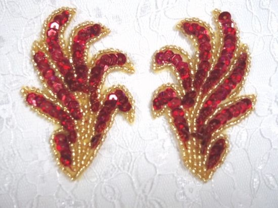 0244 Red & Gold Mirror Pair Sequin Beaded Appliques 3"