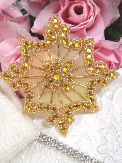 0260  Gold Jewel Gold Beaded Rhinestone Applique 4"