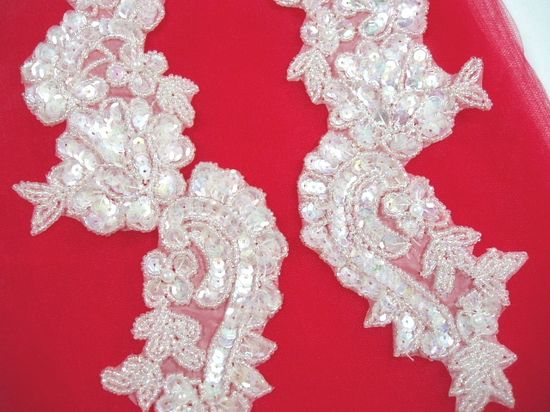 0263 Crystal AB  Mirror Pair Sequin Beaded Appliques 9.5"-crystal,sequin,beaded,applique,trimmings,embellishment,gold,mirror,pair