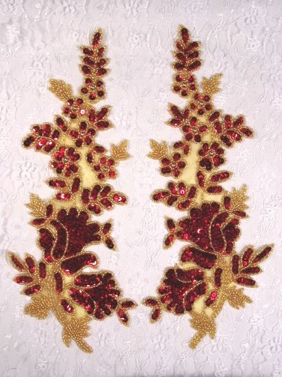 0264  Red & Gold Mirror Pair Sequin Beaded Appliques 11"