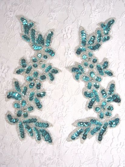 0279 Turquoise Mirror Pair Sequin Beaded Appliques 6"