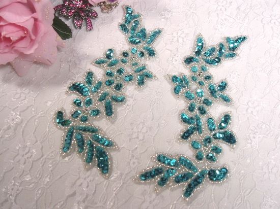 0279 Turquoise Mirror Pair Sequin Beaded Appliques 6"