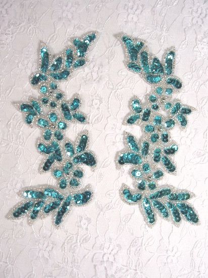 0279 Turquoise Mirror Pair Sequin Beaded Appliques 6"