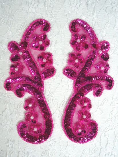 0282 Fuchsia Mirror Pair Sequin Beaded Appliques 6"