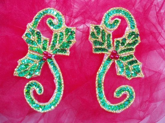0286  Christmas Holly Mirror Pair Beaded Sequin Appliques  5"