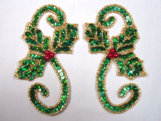 0286  Christmas Holly Mirror Pair Beaded Sequin Appliques  5"