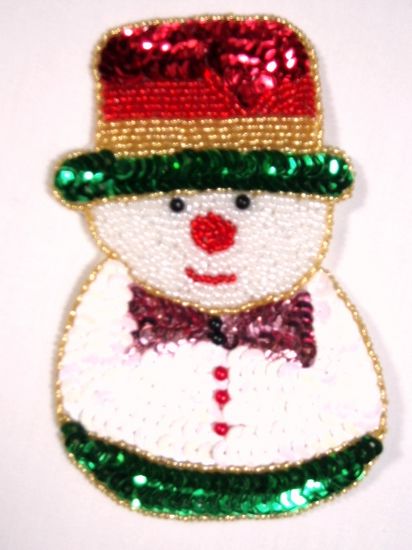 0292  Snowman Beaded Sequin Applique 5.25"-snowman,christmas,tree,holiday,sequin,beaded,applique,trimmings,embellishment,motif,yoke,turquoise,motif,collar