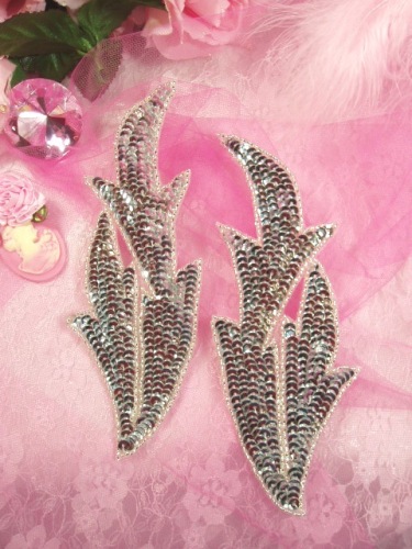 0299 Silver Leaves Mirror Pair Sequin Beaded Appliques 7"