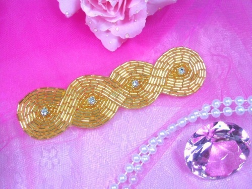 0303  Gold Rhinestone Beaded Applique 5"