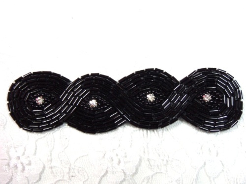 0303  Black Braided Rhinestone Beaded Applique 5"