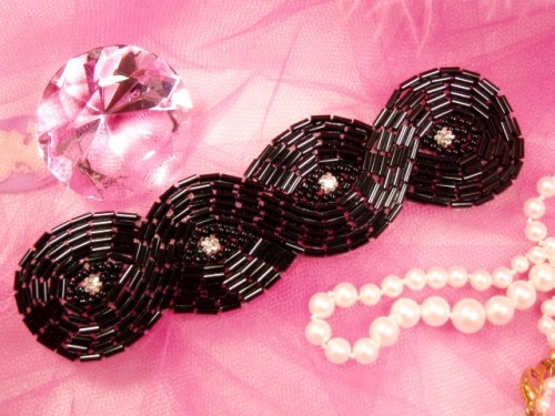 0303  Black Braided Rhinestone Beaded Applique 5"